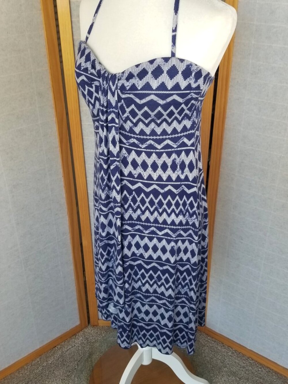Skye Halter Sun Dress Blue Built-in Bra Faux Wrap Stretch Knit Size Larfe